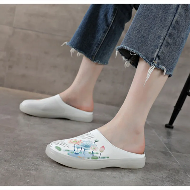 Slippers Women's Toe Wearing 2023 New Leather Flat Bottom Openwork Semi-drag Sandals Casual Mom Shoes Simple Single Shoe Women