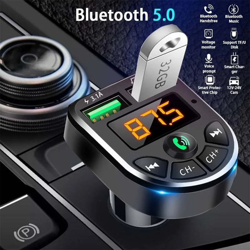 Car Bluetooth 5.0 FM Transmitter MP3 Modulator Player Wireless Handsfree Audio Receiver Dual USB Fast Charger Car Accessories