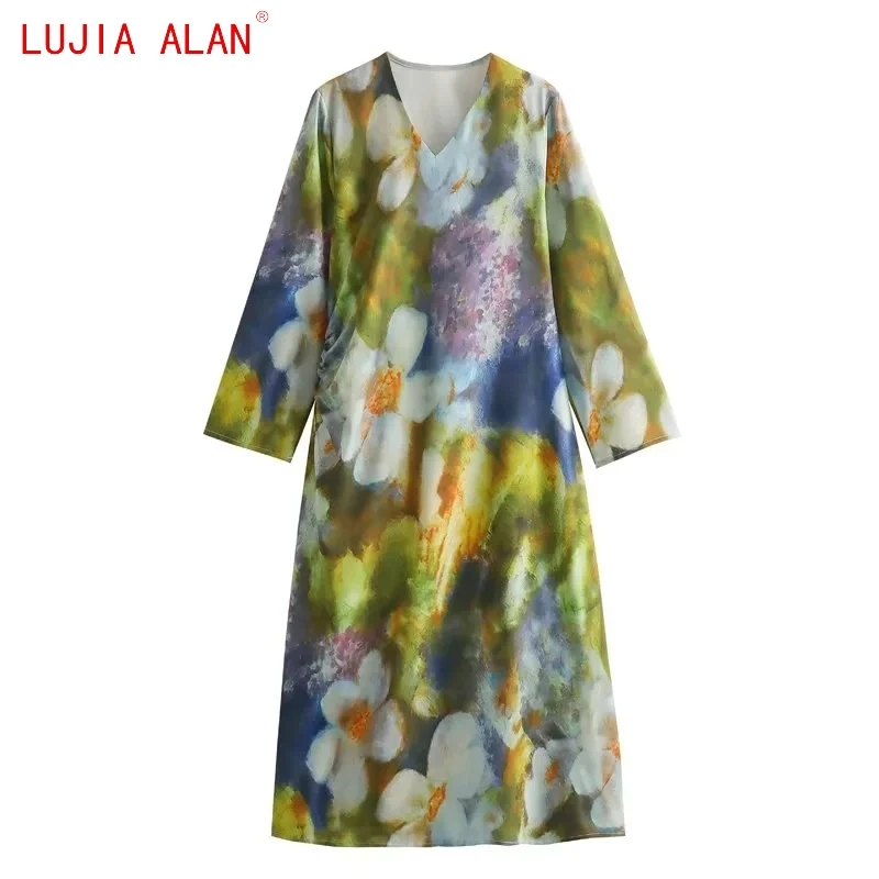 

Autumn New Women Tie Dyed Printed Midi Dress Female Casual V-neck Long Sleeve Loose Vestidos LUJIA ALAN WD3598