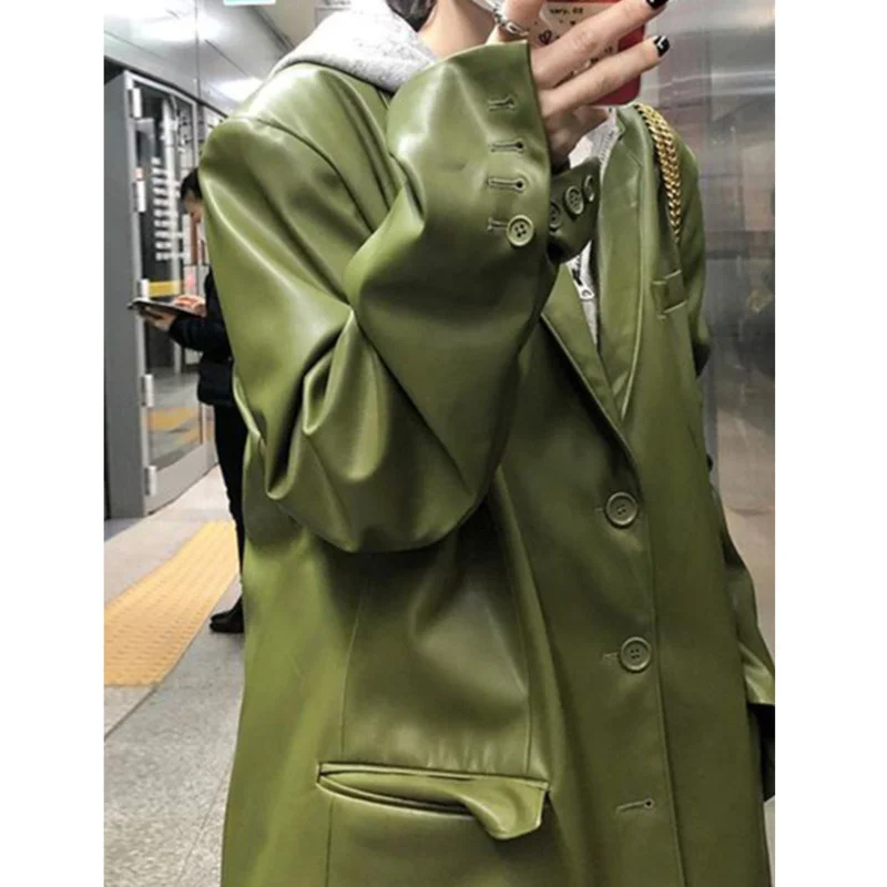 

Женская куртка из искусственной кожи на трех пуговицах, с отложным воротником, весна-осень 2023, Новая высококачественная куртка с длинным рукавом и карманами, пальто H007