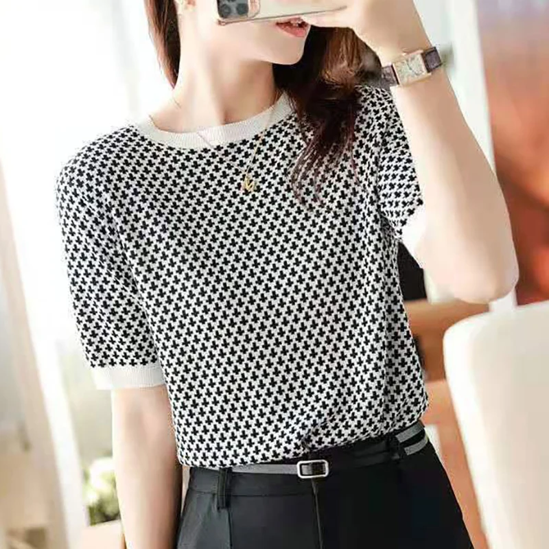 

Summer Tops Women Clothes Plaid Knitted T Shirt Casual O Neck Tshirts Female Short Sleeve Thin Tee Shirt Femme Camiseta De Mujer