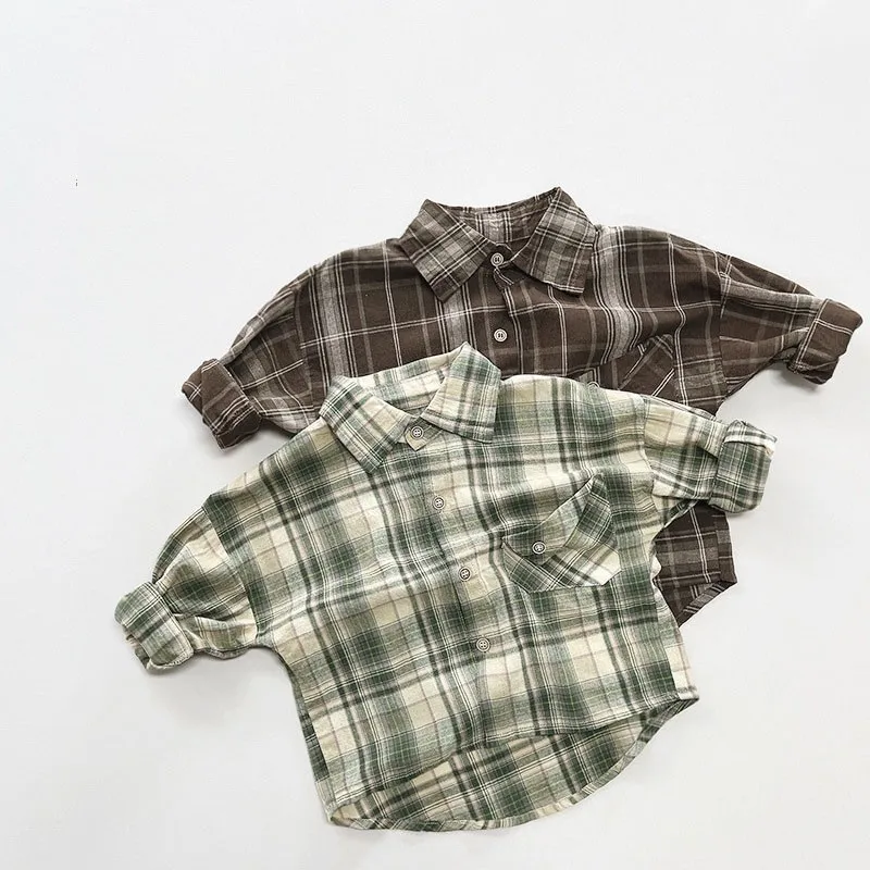 

2023 Autumn New Thin Baby Plaid Casual Shirt Boy Children Cardigan Loose Fashion Long Sleeves Tops Girl Kid Cool Cotton Blouses