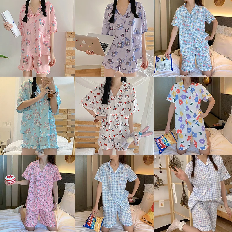 

Kawaii Sanrios аниме плюшевые пижамы Kuromi MyMelody Ins женские с коротким рукавом Длинные милые свободные можно носить на улице домашний сервис набор