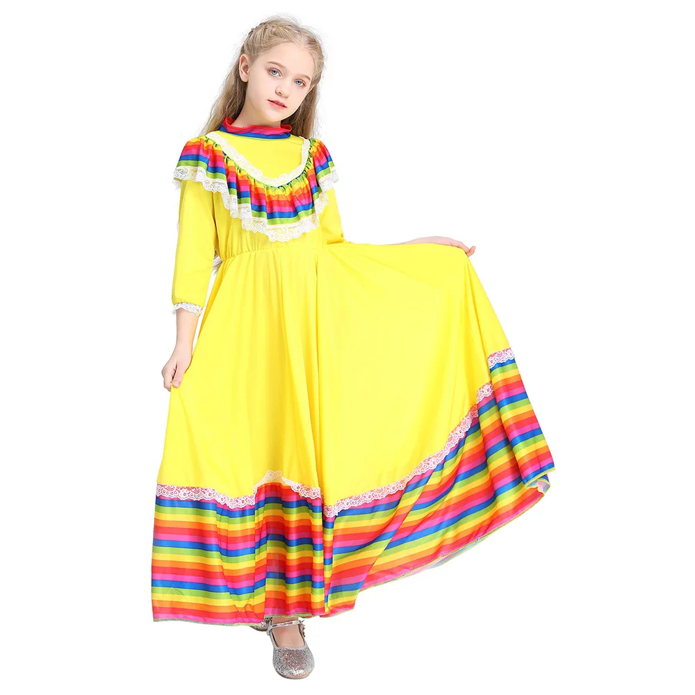 

Children's Day of the Dead party performance costumes Mexican girls long skirts folk dance costumes