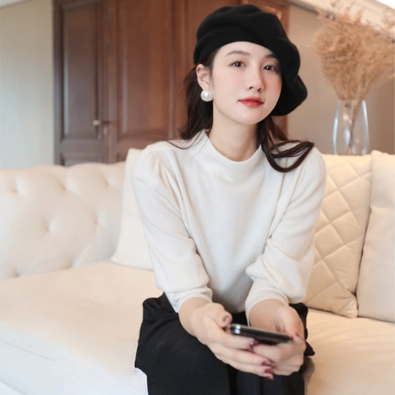 

Женский вязаный свитер, однотонный кашемировый пуловер свободного покроя с длинным рукавом и круглым вырезом, корейские Джемперы на осень-...