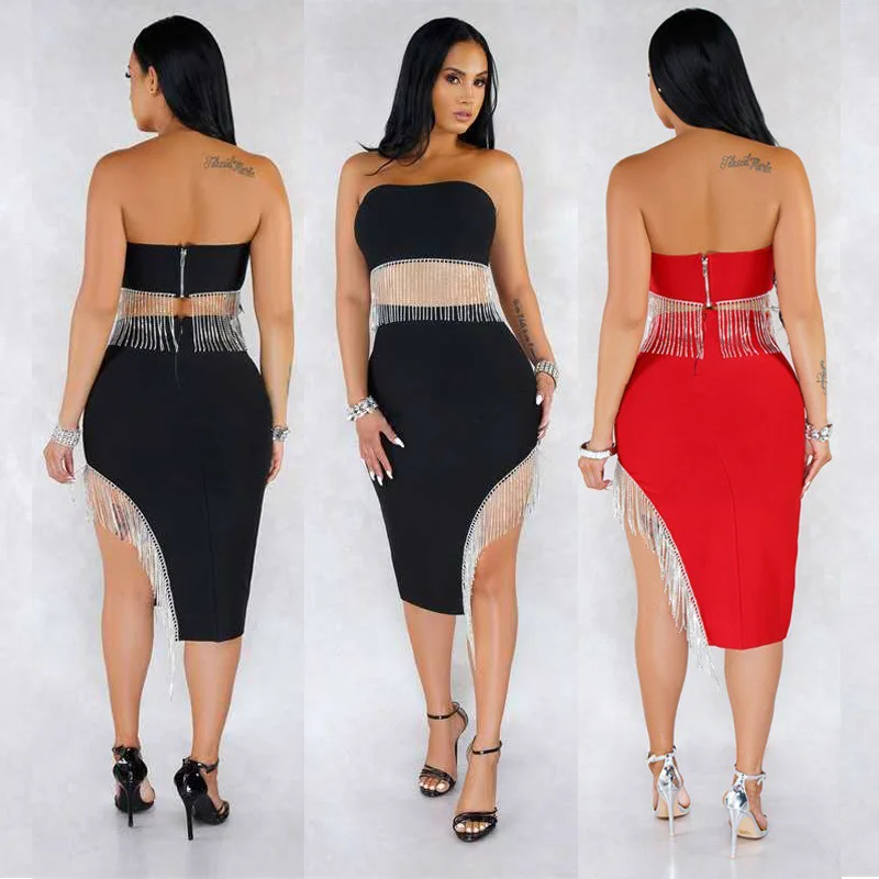 

Women Sexy Two Piece Set Night Clubwear Elegant Strapless Off Shoulder Crop Top High Waist Tassel Bodycon Skirt Cocktail Suit