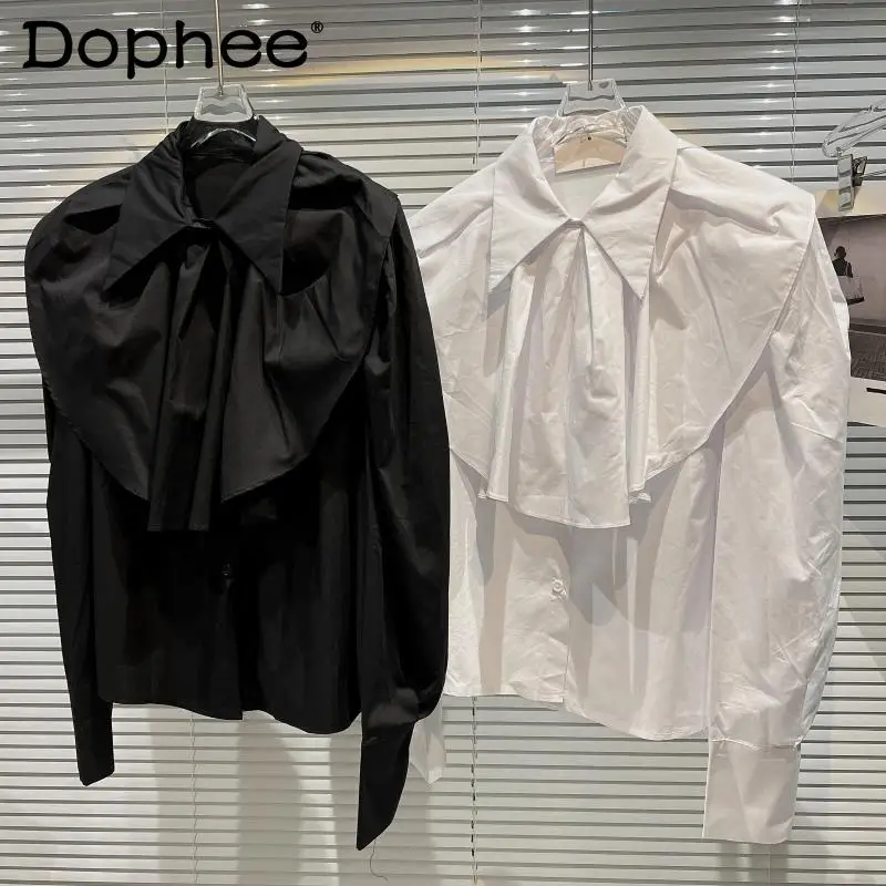 

Elegant Pleated Lace Shawl White Lapel Shirt Women's Loose Casual Bubble Long Sleeve Blouse Ladies Tops 2022 Spring New Blusas