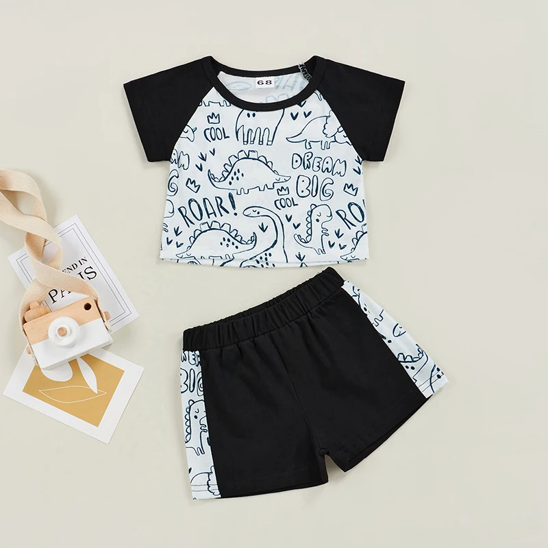 

2022 Summer Toddler Boys Outfit Clothes Short Sleeve Dinosaur Print T-shirt Shorts Patchwork Shorts Baby's Sets