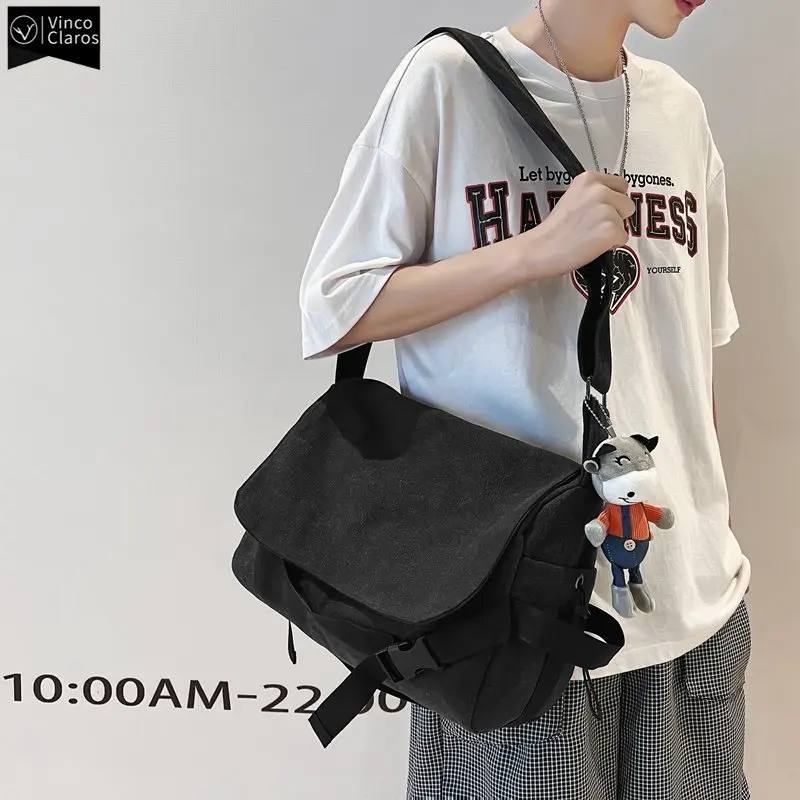 VC  Vintage Men's Wash Canvas Messenger Bag Casual Student Shoulder Bag Crossbody Bags for Men Normcore Minimalist Sling Bag