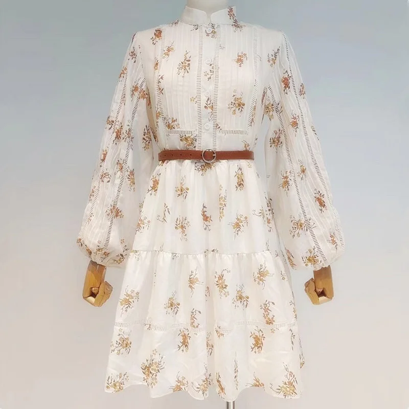 

2022 Summer Autumn Hollow Out Floral Print Women Mini Dress Long Puff Sleeve Single Breasted Female Short Shirt Dress With Belt