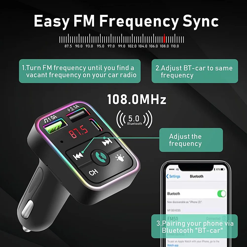 

AUX Bluetooth 5.0 FM Transmitter Car PD Charger Wireless 1PCS 2USB ABS