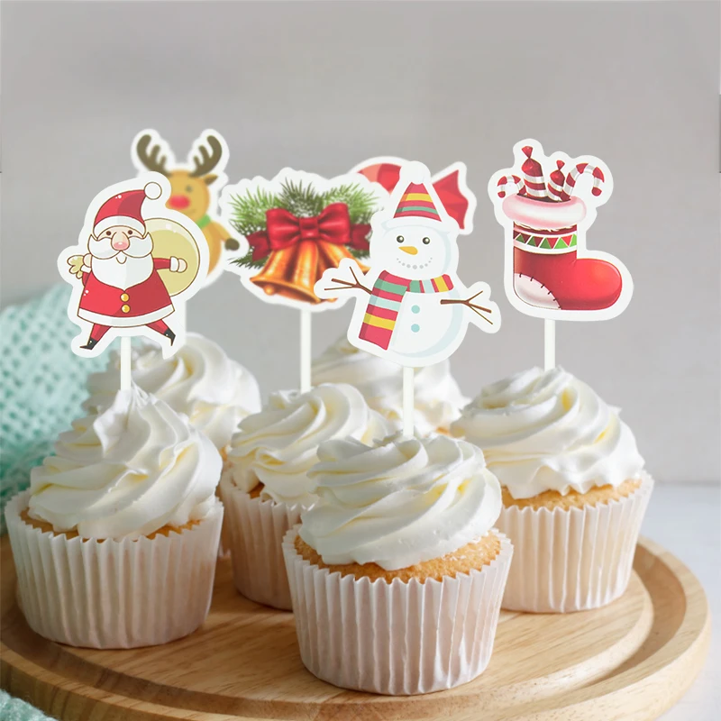 

24pcs Christmas Cake Topper Merry Christmas Santa Claus Xmas Tree Snowman Stocking Elk Cupcake Toppers New Year Party Cake Decor