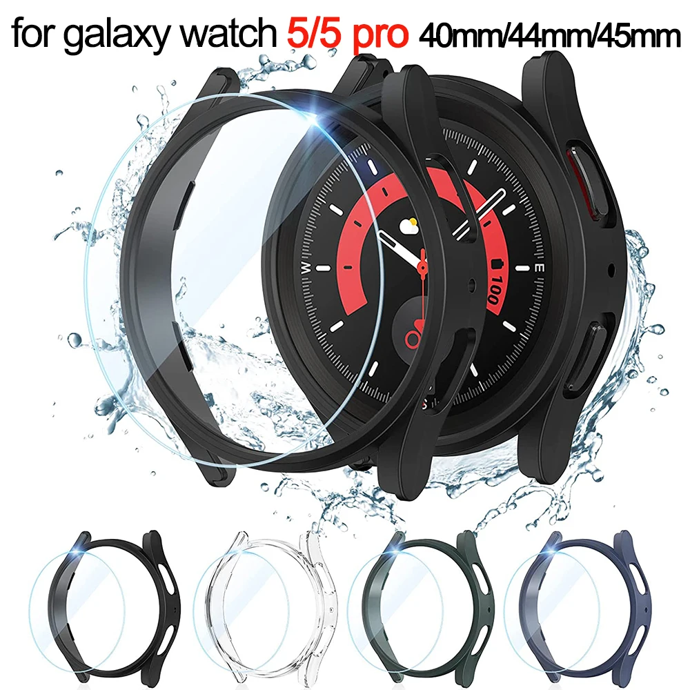 Glass+Case for Samsung Galaxy Watch 5/5 Pro Waterproof PC Galaxy Watch 5 40mm 44mm Cover Watch 5 Pro 45mm Cover+Screen Protector