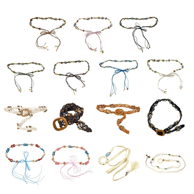 Женский плетеный ремень ручной работы винтажный тонкий с украшением из бисера