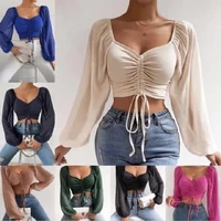 women summer casual crop tops mesh long sleeve drawstring v neck tee top ladies skinny shirts
