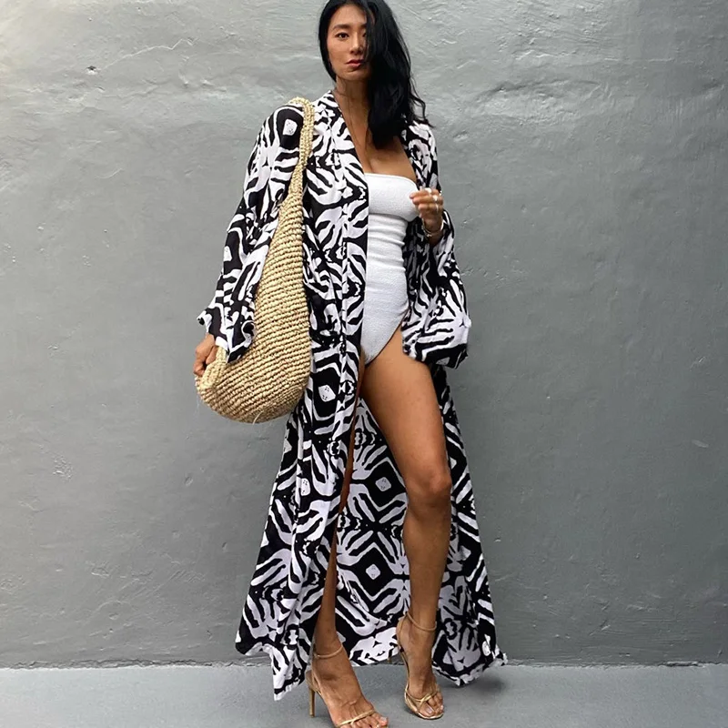 

New 2022 Print Kaftan Long Cardigan Fashion Long Sleeve Outer Cover Loose Protection Casual Tunic Cotton Cover-ups Beach Wear