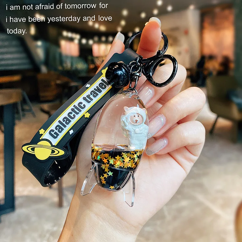 

Liquid Keychain Black Gold Dream Astronaut Cute Bear into the Oil Rocket Cup Floating Bottle Bag Pendant Lanyard Gift Jewelry