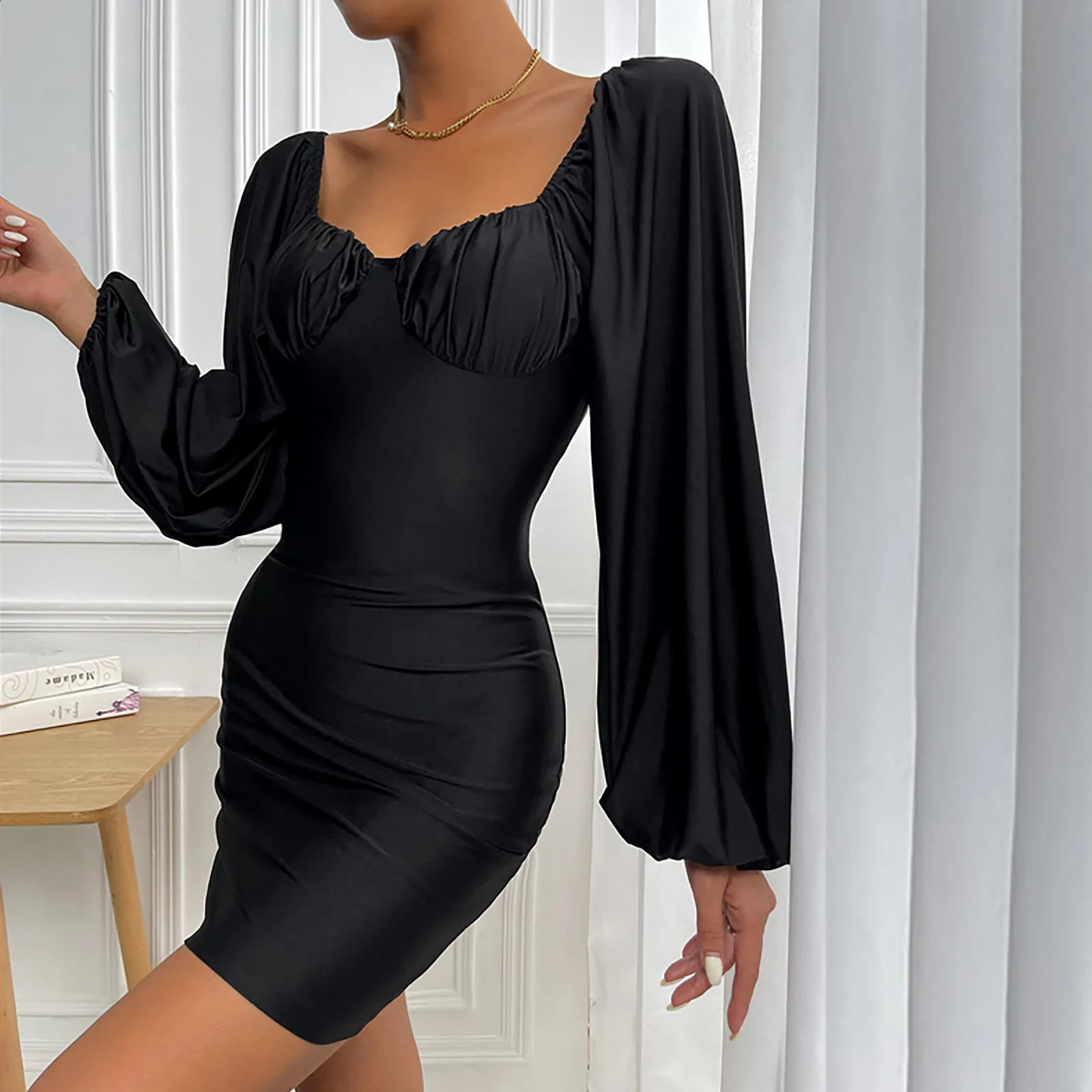 

Women Fashion Dress Solid Long Sleeves Deep U Neck Dress Party Elegant Sexy Dresses Women's Sleeveless Casual Cotton Flare Dress
