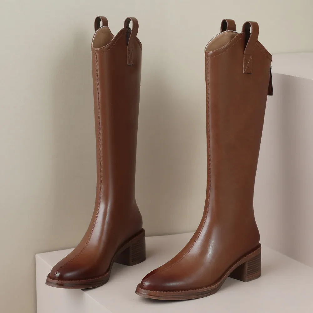 Женские сапоги из натуральной кожи с круглым носком на среднем каблуке 2023 см