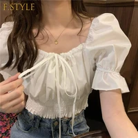 summer sweet slim folds blouses women square collar puff sleeve sexy gentle crop tops simple girls lace up blusas mujer trendy