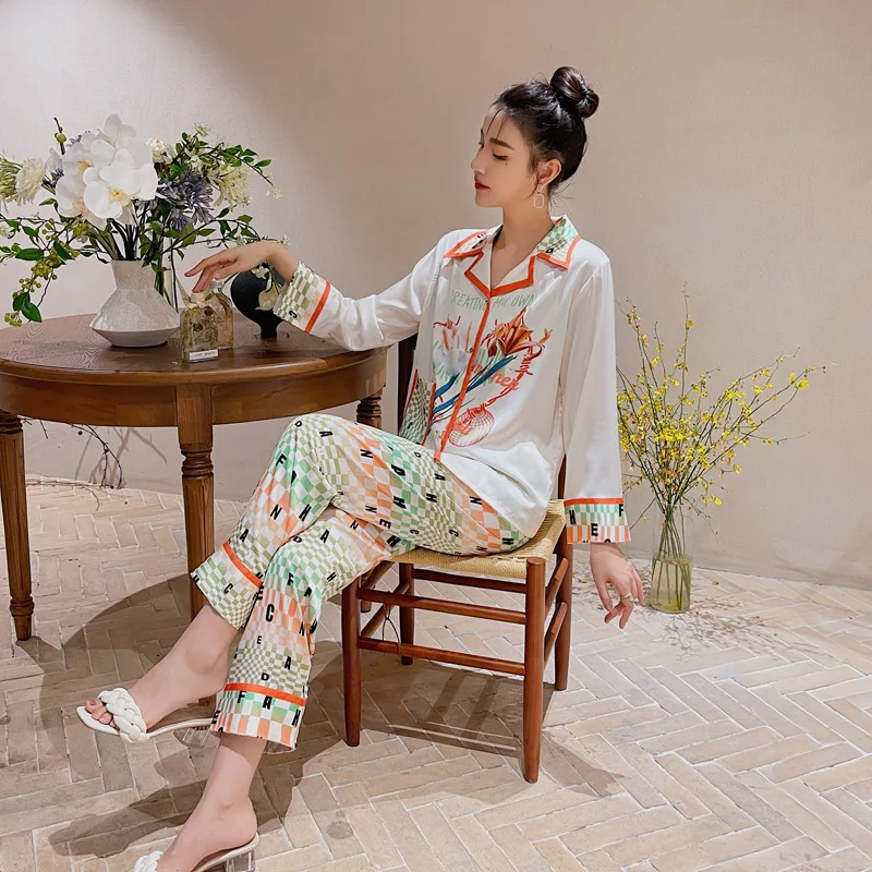 Ice Silk Pajamas Suit for Women 2023 Spring and Autumn New Long-Sleeved Trousers Comfortable Letter Cardigan Casual Outdoor Home