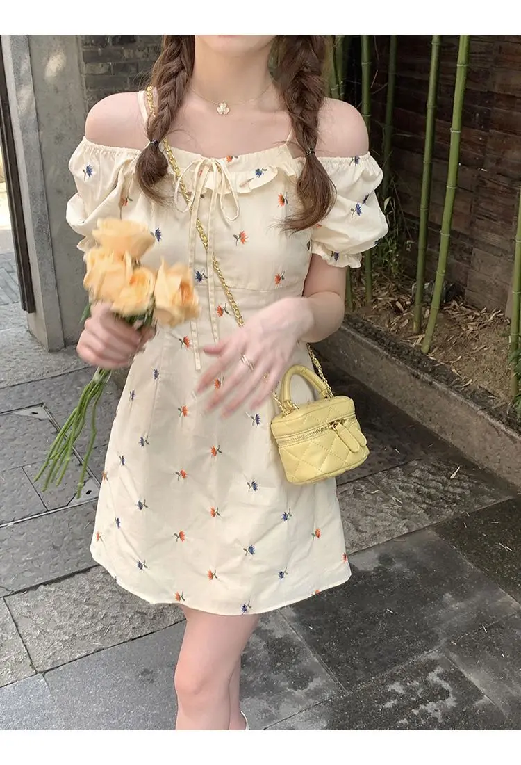 

Women Cute Sweet Floral Mixi Mini Dress Summer Female Casual Birthday Korean Type Short Sleeve Backless Fairy Dresses Clothes