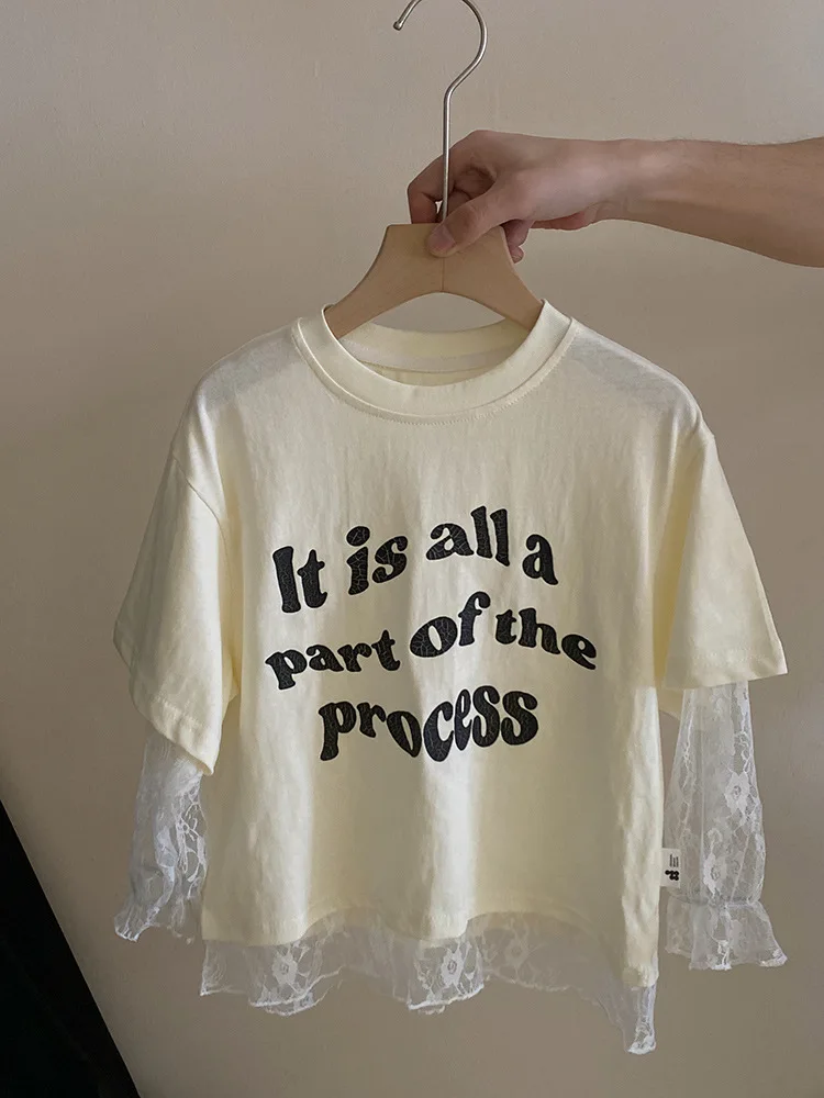 Летняя одежда для девочек кружевная рубашка с короткими рукавами и надписью