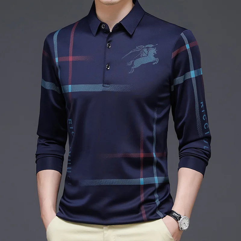 Men's Long Sleeve Polo Shirt Two-color Striped Splicing Design Top Street Trend Casual Fashion Business Men's Polo Shirt images - 6