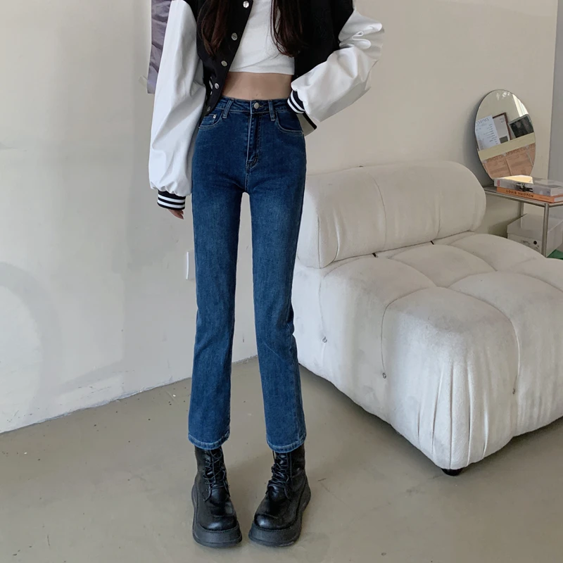 

N2199 New straight jeans women's high waist slim elastic ninth pants loose jeans