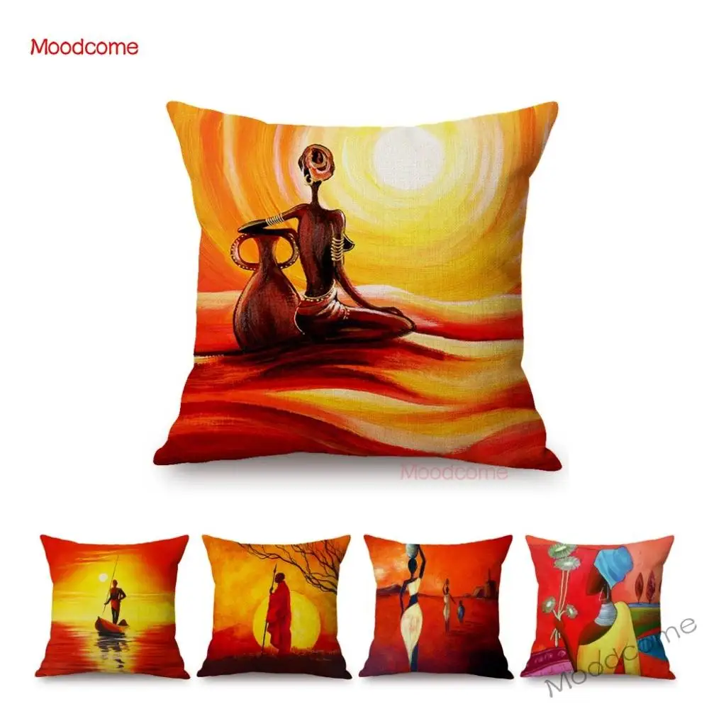 

Orange Africa Abstract Oil Painting Art Home Decor Sofa Throw Pillow Cover African Life Impression Sunrise View Cushion Cover