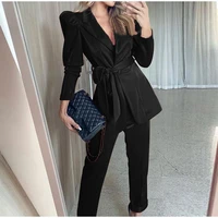 womens solid suits lace up long sleeve tops ruffle loose drawstring pants office ladies 2 piece sets elegant casual autumn 2021