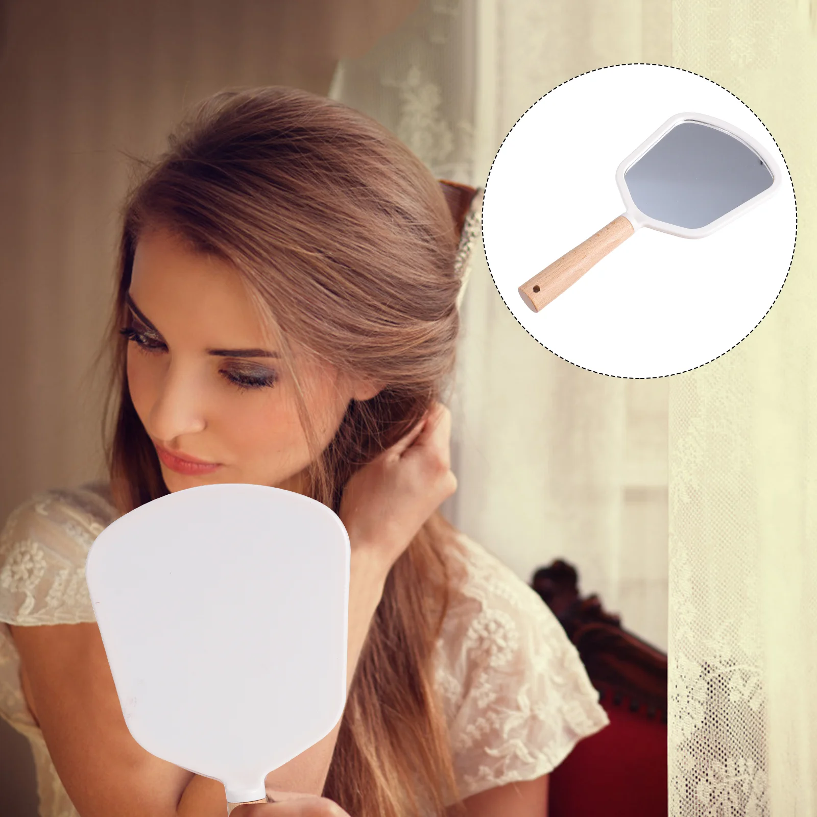 

Makeup Mirror Wooden Handle Handheld Cosmetic Mirror Heart Shape Fan Shape Mirror Round Square Mirror Salon Makeup Mirror