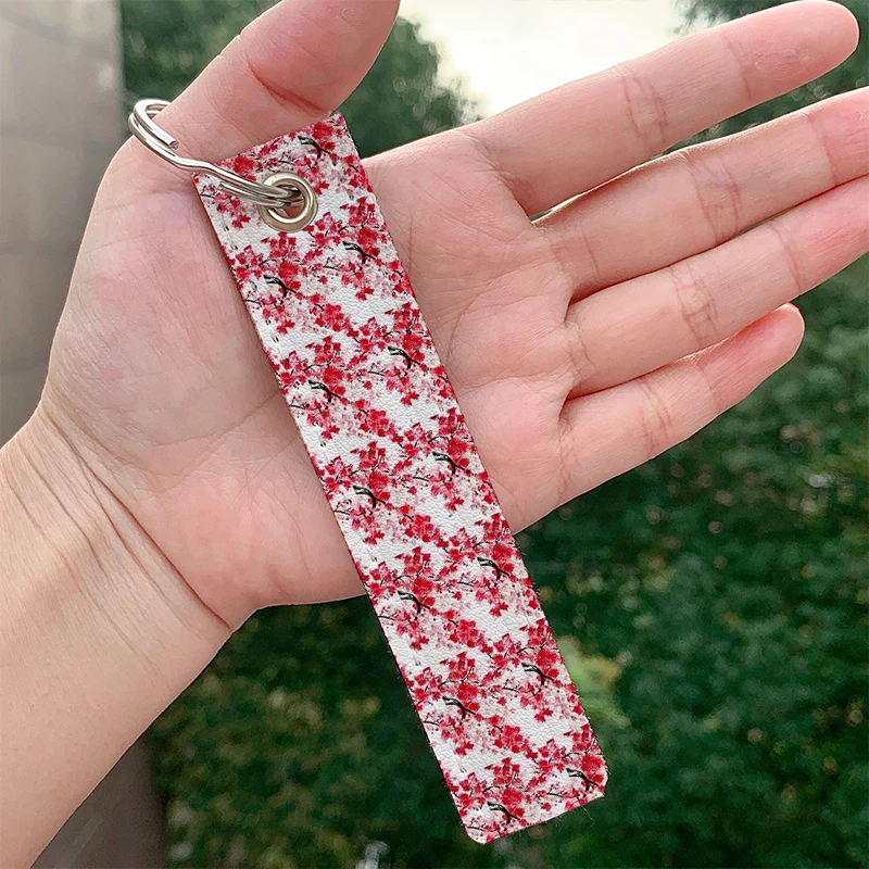 

Cherry Blossoms leather motorcycle Custom Key chain Strap Key rings Hanging Holder Bag Wallet Trinket Keychain Hanging Bag