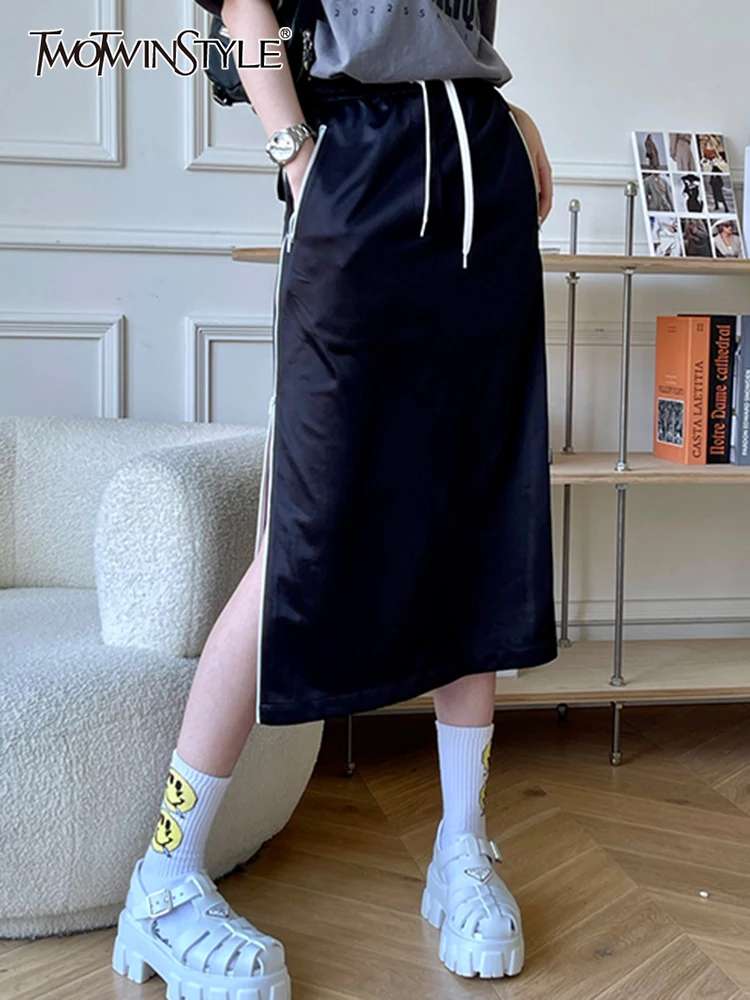 

TWOTWINSTYLE Casual Sports Skirt For Women High Waist Patchwork Drawstring Colorblock Midi Skirts Female 2022 Spring Fashion New
