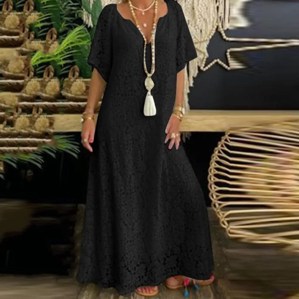

Women Dress Elegant Stunning Summer Lace Dress Hollow Design V Neck Mid Waist Ladies Dress