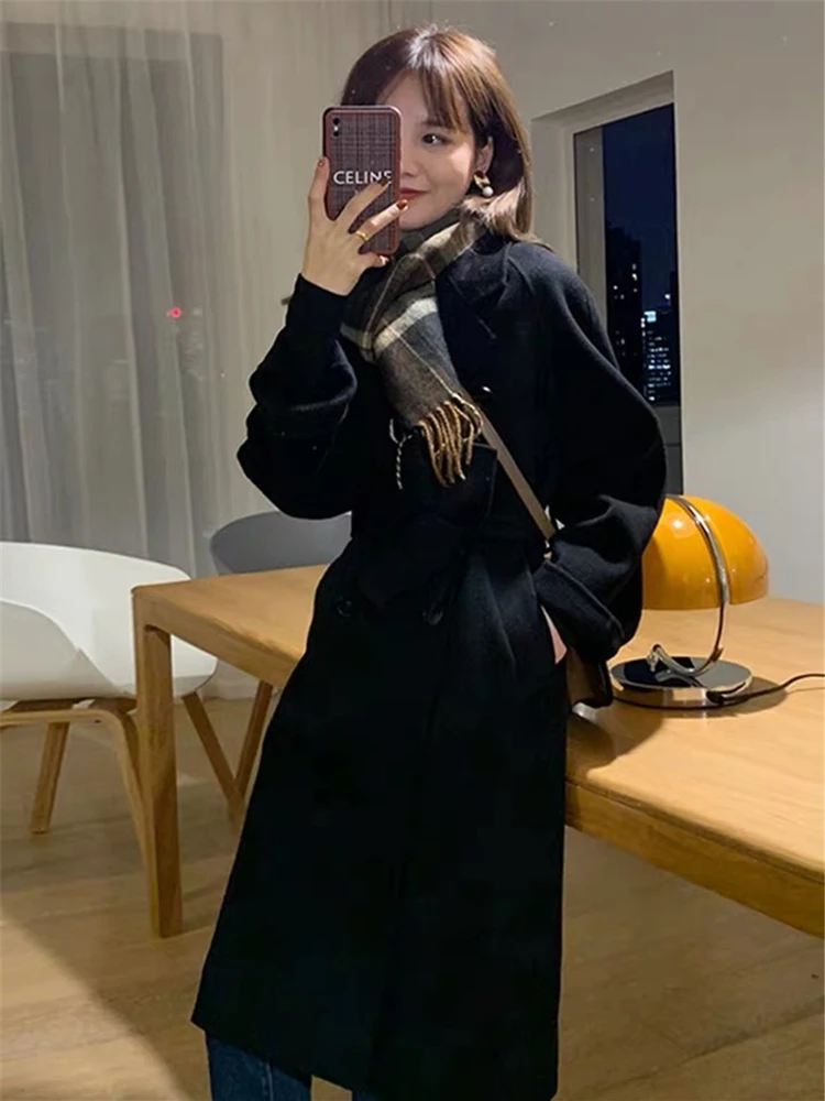 Черное двустороннее кашемировое пальто женское Новое поступление 2024 маленькое