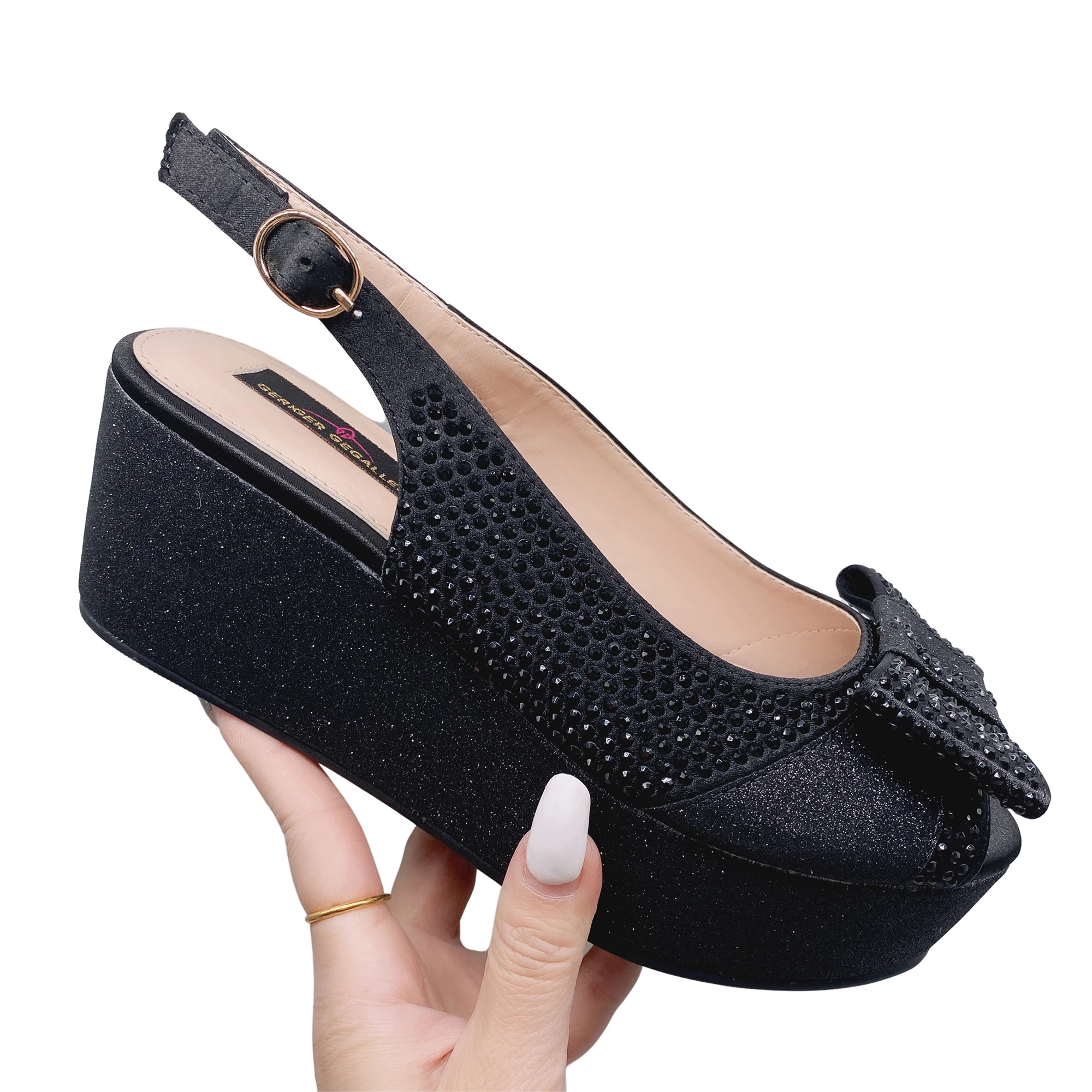 Yellow Peep Toe Wedge Sandals 2023 NEW Arrivals Chunky Wedge Heel Back Strap Women Shoes Bling Bling Bowknot Glitter Sandal Lady