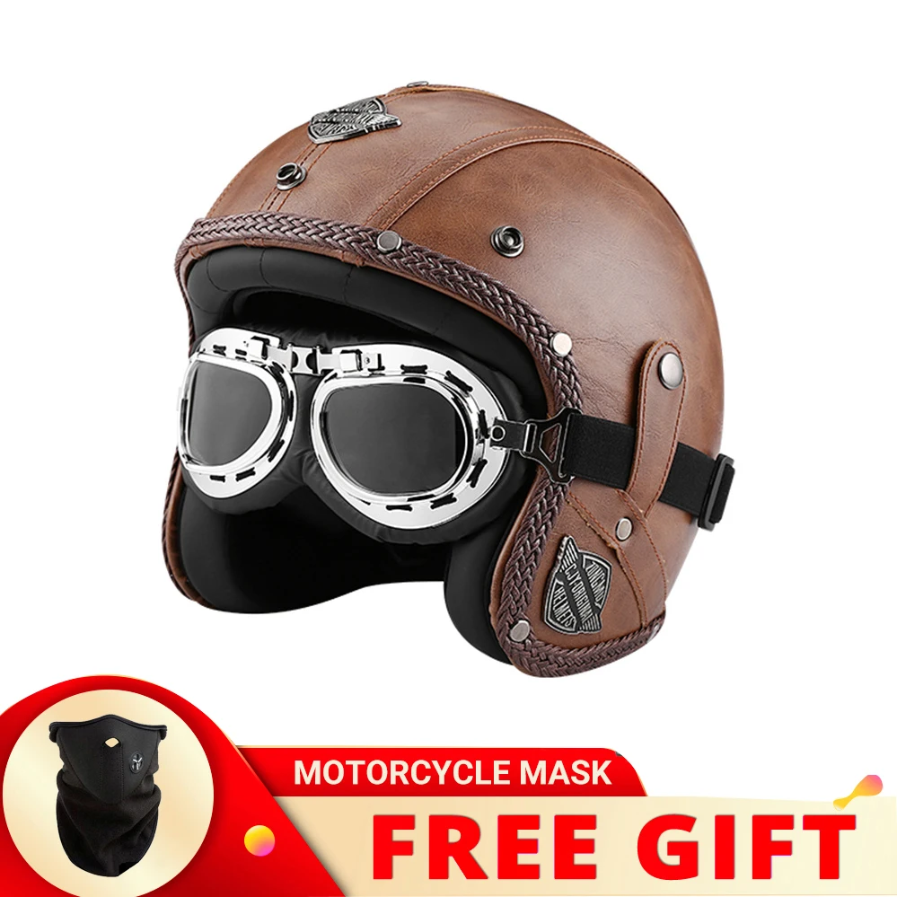 

New Classic Fashion Open Face Motorcycle Helmet German PU Leather Chopper Rider Motorbike Scooter Jet Casque Moto DOT Approved