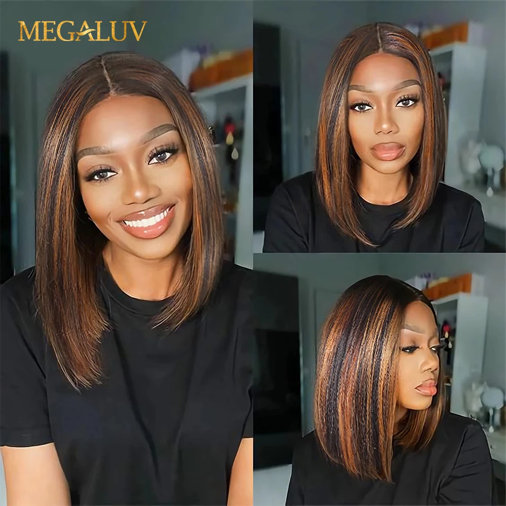 

13x4 Lace Highlight Straight Bob Wigs Human Hair For Women PrePlucked HD Lace Front Wigs Ombre 1BP30 Color Bob Wig 150% Density