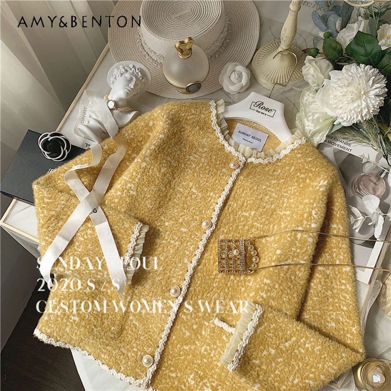 

New Wooden Ear Pearl Buckle Mink-like Wool Cardigan Sweater Coats for Women Elegant Fashion Trend Lace Jackets for Ladies