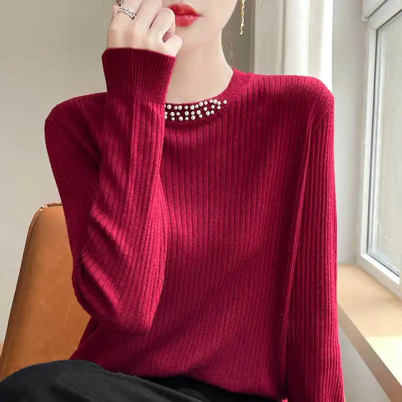 Женский однотонный пуловер в полоску шерстяной свитер с круглым вырезом и