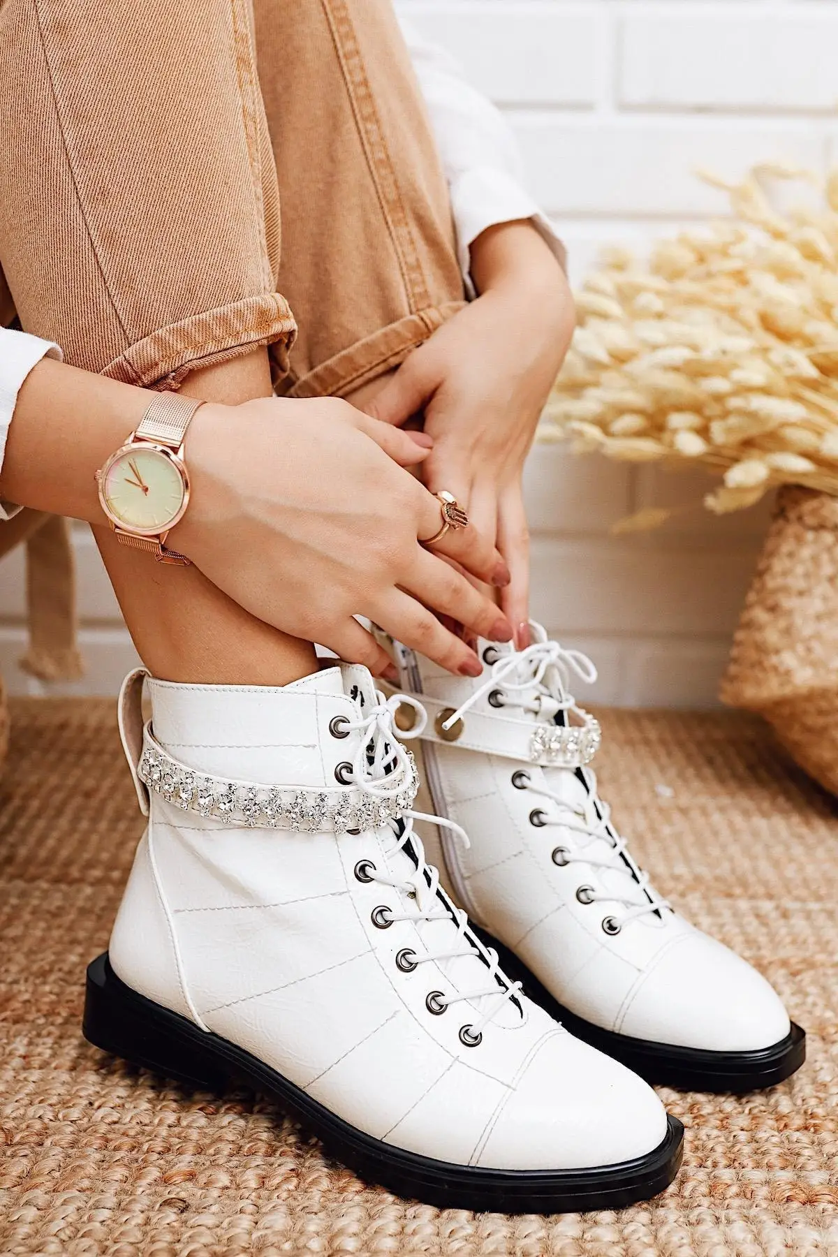 

Women Analia Crinkle Patrol Stone Detailed Boots Comfortable Ladies Luxury Stylish Female Boots