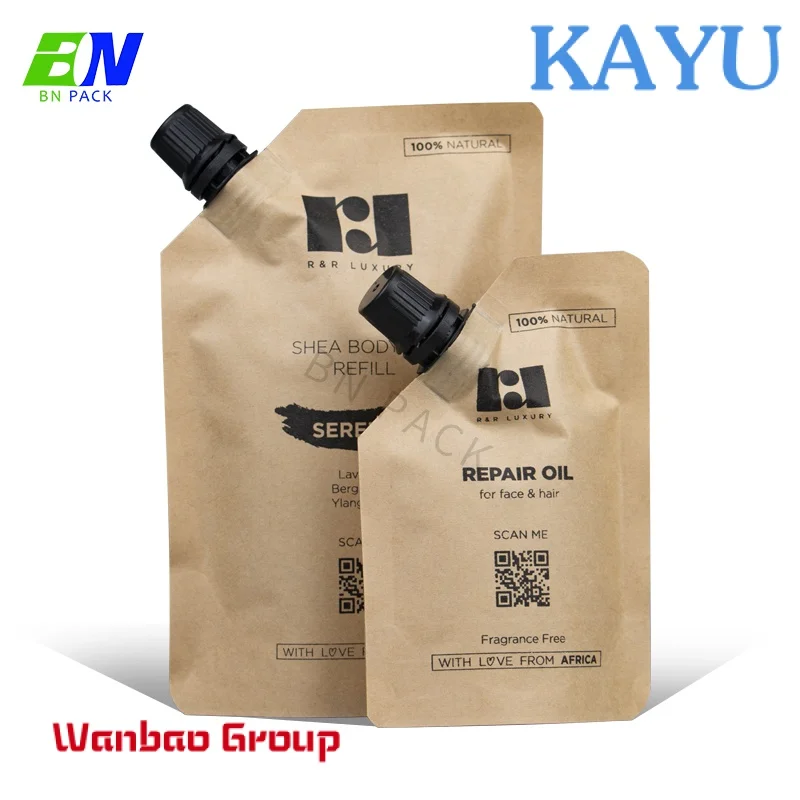 custom refillable plastic packaging 35ml shampoo pouch Eco friendly spout bag Kraft paper