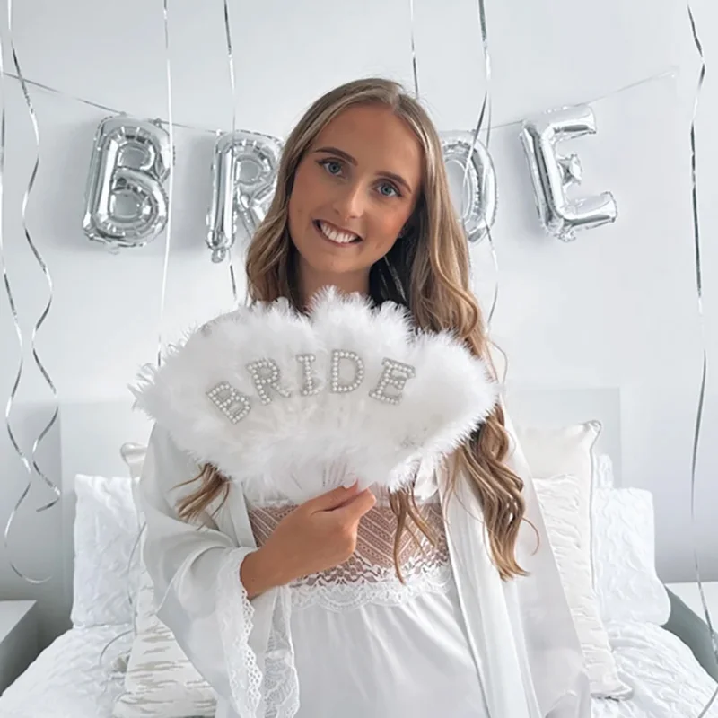 

personalised Bride white feather fan bachelorette hen party bride to be winter wedding bridal shower decoration future Mrs gift