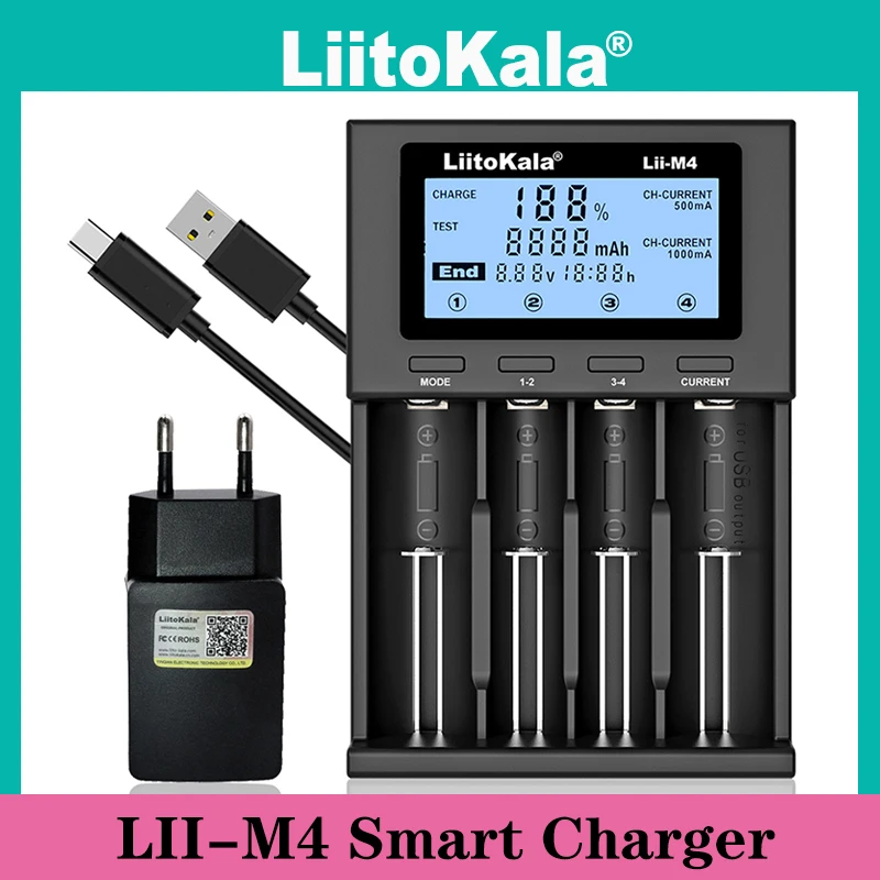 

LiitoKala Lii-M4 18650 Battery Charger, LCD Display Universal Smart Charger Test Capacity For 26650 21700 18500 AA AAA etc 4slot