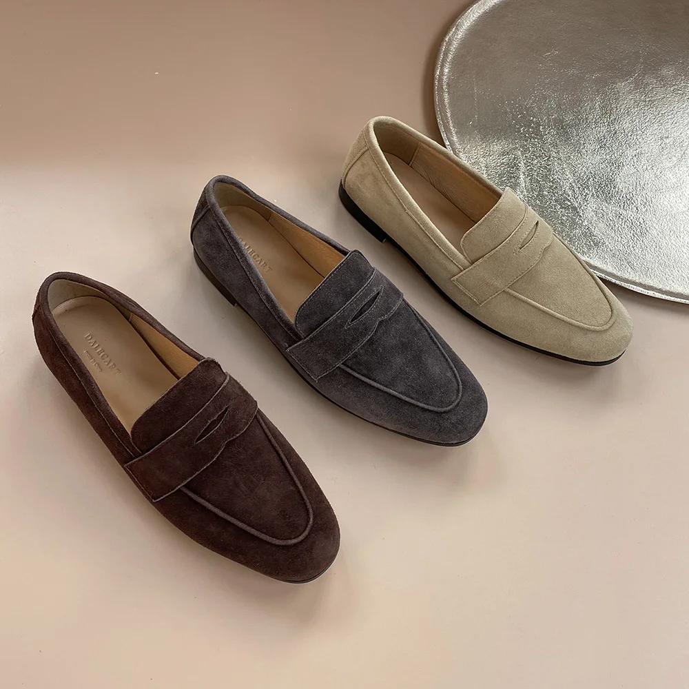 Flat Shoes Women High Quality WALK Lamb Leather Suede LoafersRound Toe Soft Sole Comfortable Flat Shoes Large Size 44