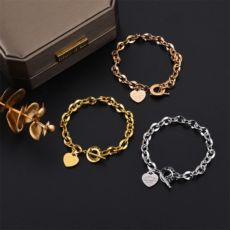 

Stainless Steel Chain Heart Bangles Bracelets for Women Hot Sale Buckle Design Female Brand Bible Gold Color Fashion