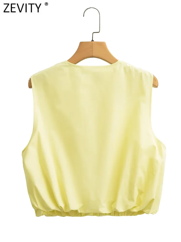 Zevity Women Basic O Neck Solid Color Hem Elastic Slim Blouse Female Chic Sleeveless Zipper Vest Shirt Blusas Crop Tops LS7180