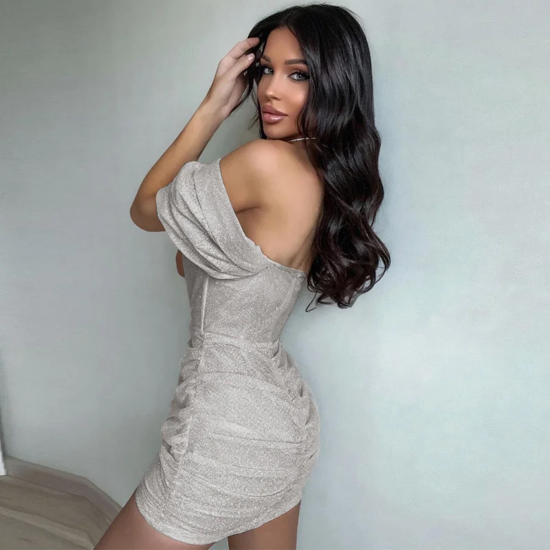 

Short Sleeve Off Shoulder Corset Dress Bling Glitter Women Dresses Party Elegant Ruched Sexy Bodycon Festival Clothes