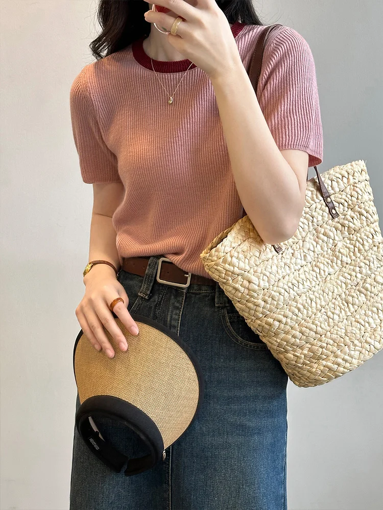 Женская футболка с коротким рукавом элегантная свободная тонкая трикотажная из